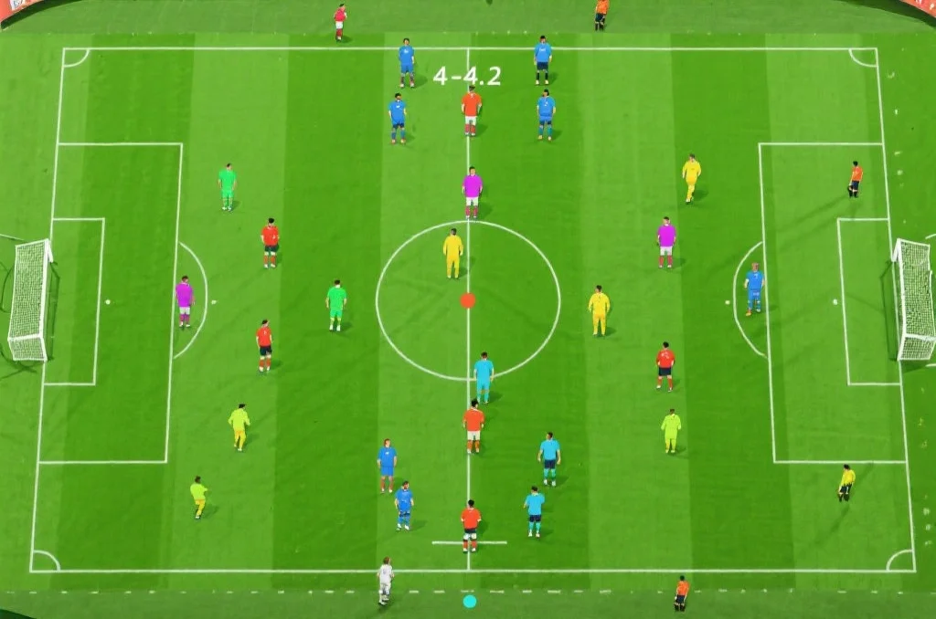 4-4-2足球阵型图解，显示后卫、中场和前锋的站位