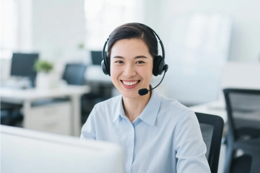 一位热情的客服代表佩戴耳麦，坐在明亮的办公区，微笑为用户提供在线帮助